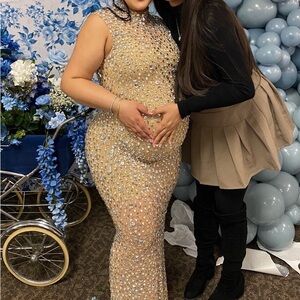 Custom Made Elegant Beige Sleeveless Rhinestone Dress